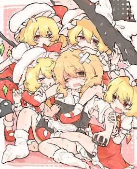 >_< 2gousu 5girls :o ;o apron ascot bandaid bandaid_on_head black_hat black_skirt black_vest blonde_hair blue_skirt blue_vest blush bow braid clone clone_harem collared_shirt commentary_request crossed_bandaids crystal crystal_wings dirty dirty_clothes dirty_face flandre_scarlet four_of_a_kind_(touhou) frilled_apron frilled_hat frilled_shirt_collar frills hair_bow hat hat_bow hat_ribbon kirisame_marisa laevatein_(touhou) long_hair looking_at_another mary_janes mini-hakkero mob_cap multicolored_wings multiple_girls multiple_persona one_eye_closed one_side_up red_eyes red_shoes red_skirt red_vest ribbon shirt shoes side_braid single_braid sitting skirt skirt_set socks surrounded torn_clothes torn_hat torn_shirt touhou vest waist_apron white_apron white_bow white_hat white_shirt white_socks wings witch_hat yellow_ascot yellow_eyes yuri