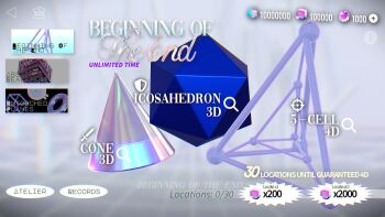 colorful commentary cone_(geometry) crrn english_commentary english_text gacha_(game_mechanic) gameplay_mechanics highres icosahedron no_humans original parody user_interface