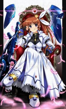 Rule 34 | 1girl, :q, armor, armored boots, armored dress, boots, breasts, commentary request, crown, dated, dress, hashtag-only commentary, highres, large breasts, long hair, looking at viewer, lyrical nanoha, mahou shoujo lyrical nanoha strikers, orange hair, purple eyes, san-pon, side ponytail, sitting, smile, solo, takamachi nanoha, tongue, tongue out, twitter username, very long hair, white boots, white dress