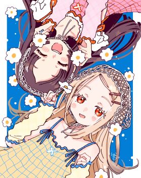 2girls bare_shoulders blonde_hair blue_background blue_trim blush border brown_hair closed_eyes collarbone colored_eyelashes commentary_request detached_sleeves dot_nose dress flat_chest flipped_hair flower gakuen_idolmaster hair_ornament hairclip hands_up headdress highres idolmaster jewelry kuramoto_china long_hair long_sleeves looking_at_viewer multiple_girls open_mouth outside_border parted_bangs pink_dress plaid_clothes plaid_dress red_eyes ring shinosawa_hiro signature sleeveless sleeveless_dress smile syrup7979 teeth upper_teeth_only upside-down white_border white_flower yellow_dress yellow_sleeves