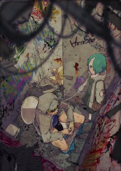 1boy 1girl @_(symbol) aqua_eyes artist_name bag bandaged_arm bandages beak beanie blonde_hair blue_pants blue_shirt blurry blurry_foreground book breasts brown_bag brown_shoes can choker coat collarbone commentary_request crack cracked_wall creature depth_of_field dirty dirty_arm dirty_clothes dirty_face dirty_leg fingernails freckles from_above graffiti green_hair green_pants green_shirt grey_hat grey_hood grey_sleeves hair_over_one_eye hat highres hood hood_down hood_up ichi_orgin legs_apart looking_at_viewer loose_hair_strand male_underwear messenger_bag nostrils on_toilet one_eye_covered padded_coat pants satsubatsu_sekai shirt shoes shoulder_bag single_hand sitting slip-on_shoes small_breasts smile split_mouth standing sunglasses tile_floor tiles torn_clothes torn_sleeves trash_bag underwear white_choker white_male_underwear