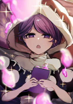 1girl blob blurry blurry_foreground book breasts chestnut_mouth depth_of_field doremy_sweet dream_soul dress half-closed_eyes highres holding holding_book hood ishikawa_sparerib looking_at_viewer one-hour_drawing_challenge open_book open_mouth purple_eyes purple_hair short_hair solo sparkle sparkle_background swept_bangs touhou upper_body