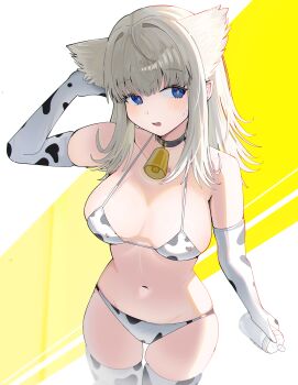 1girl absurdres alternate_costume animal_ears animal_print arknights arknights:_endfield arm_at_side backlighting bell bikini bird_ears bird_girl black_choker blue_eyes bottle breasts choker commentary_request cow_print cow_print_bikini cow_print_gloves cow_print_thighhighs cowbell cowboy_shot elbow_gloves from_above gloves grey_hair highres holding holding_bottle large_breasts long_hair navel neck_bell open_mouth perlica_(arknights) print_bikini print_gloves print_thighhighs skindentation solo spam_(spamham4506) standing swimsuit thigh_gap thighhighs two-tone_background