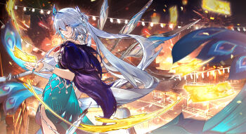 Rule 34 | 1girl, aerial fireworks, aqua dress, aqua nails, architecture, dress, east asian architecture, fireworks, highres, honkai: star rail, honkai (series), long hair, migan, night, peacock feathers hair ornament, solo, ticket, very long hair, white hair, yao guang (honkai: star rail)
