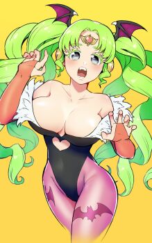 Rule 34 | 1girl, animal print, bare shoulders, bat print, breasts, character request, commentary, cosplay, darkstalkers, green hair, head wings, highleg, highleg leotard, highres, large breasts, leotard, long hair, looking at viewer, morrigan aensland, morrigan aensland (cosplay), open mouth, orihika, pantyhose, paw pose, print pantyhose, purple pantyhose, simple background, solo, wings