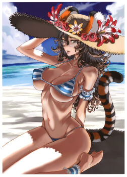 1girl absurdres animal_ears ankle_garter arched_back arm_garter barefoot beach bikini breasts brown_eyes brown_hair character_request cloud copyright_request curly_hair day ears_through_headwear female_focus flower glasses hat highres honjou_raita large_breasts long_hair outdoors sitting skindentation solo straw_hat string_bikini striped_bikini striped_clothes summer swimsuit tail tiger_ears tiger_tail undersized_clothes