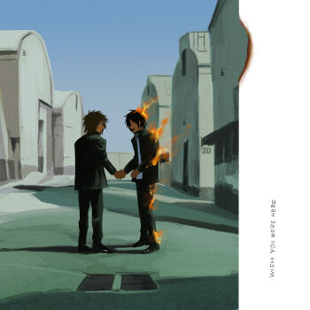 2boys absurdres black_hair brown_hair building burning commentary_request derivative_work english_text fire gakuran handshake highres holding_hands jacket kohakohakohata male_focus multiple_boys open_clothes open_jacket outdoors pink_floyd randal's_friends randal_ivory school_uniform short_hair standing tsukada_satoru wish_you_were_here