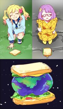 2girls :d ^_^ aikatsu!_(series) aikatsu_stars! bad_id bad_twitter_id blonde_hair blue_dress bow closed_eyes dress earth_(planet) facing_viewer food glasses grass hair_bow long_hair long_sleeves multiple_girls multiple_views nanakura_koharu nijino_yume open_mouth oversized_object pink_hair planet purple_hair red-framed_eyewear sailor_collar sandwich school_uniform semi-rimless_eyewear shiontaso short_hair smile space squatting stone_floor twintails under-rim_eyewear what yellow_dress yotsuboshi_academy_school_uniform