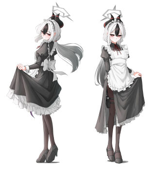 1girl absurdres apron black_dress black_hair black_horns black_pantyhose black_shoes blue_archive closed_mouth commentary double-parted_bangs dress english_commentary frilled_apron frilled_dress frills full_body grey_halo gun h&amp;k_p30 hair_between_eyes halo handgun high_heels highres hit_by_hit holster holstered horns juliet_sleeves kayoko_(blue_archive) long_hair long_sleeves maid maid_headdress multicolored_hair multiple_views neck_ribbon pantyhose puffy_sleeves red_eyes red_ribbon ribbon shoes simple_background skirt_hold standing thigh_holster two-tone_hair weapon white_apron white_background