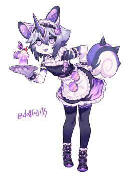 1girl absurdres animal_ears apron armlet black_dress black_hairband black_shoes black_thighhighs bracelet collar commission dress drinking_straw fingernails food frilled_apron frilled_dress frills full_body furry furry_female garter_straps hairband hand_on_own_hip highres holding holding_plate ice_cream inu_fuji jewelry leaning_forward looking_at_viewer maid maid_headdress open_mouth original plate purple_eyes purple_hair ringed_eyes sharp_fingernails shoes short_hair signature simple_background skeb_commission smile solo spiked_armlet spiked_bracelet spiked_collar spiked_hairband spikes standing sundae sunglasses tail thighhighs twitter_username unworn_eyewear white_apron white_background wrist_cuffs