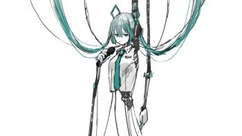 Rule 34 | 1girl, @ @, absurdres, android, aqua eyes, aqua hair, cable, commentary, detached arm, hatsune miku, highres, long hair, mechabare, microphone, solo, torso, twintails, uranosebi, very long hair, vocaloid, white background