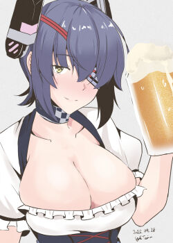 1girl alcohol artist_logo beer beer_mug breasts cleavage cup dated dirndl eyepatch frilled_shirt frills german_clothes grey_background highres kantai_collection large_breasts logo mug purple_hair shirt short_hair simple_background smile solo taira_yuuki tenryuu_(kancolle) underbust upper_body white_shirt yellow_eyes