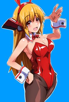1girl alternate_costume animal_ears bare_shoulders blonde_hair blush bow bowtie breasts cleavage cosmic_break crimrose detached_collar fake_animal_ears headgear highleg highleg_leotard large_breasts leotard long_hair looking_at_viewer mecha_musume open_mouth pantyhose playboy_bunny red_eyes red_leotard shitagani smile strapless strapless_leotard very_long_hair white_wrist_cuffs wrist_cuffs