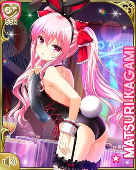 1girl animal_ears ass bare_arms bare_shoulders bareback black_leotard bow bowtie card_(medium) character_name detached_collar fake_animal_ears fake_tail female_focus fishnet_thighhighs fishnets girlfriend_(kari) indoors kagami_matsuri leotard long_hair night official_art open_mouth pink_eyes pink_hair playboy_bunny qp:flapper rabbit_ears rabbit_girl rabbit_tail red_bow solo tagme tail thighhighs thighs wrist_cuffs