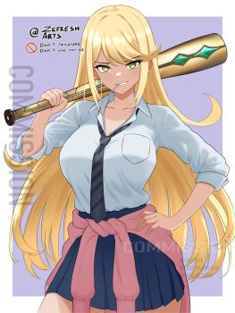 1girl baseball_bat black_necktie black_skirt blonde_hair border breasts cleavage collarbone commission cowboy_shot earrings gyaru highres holding holding_baseball_bat jewelry large_breasts miniskirt mouth_hold necktie parted_lips pink_sweater pleated_skirt purple_background shirt skirt smirk solo striped_clothes striped_necktie sweater tied_sweater toothpick twitter_username white_border white_shirt xenoblade_chronicles_(series) xenoblade_chronicles_2 yellow_eyes zefresh_arts