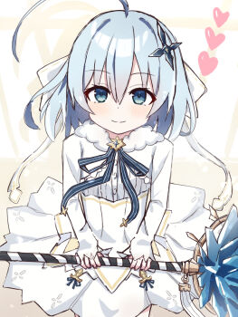 1girl ahoge blue_eyes blush closed_mouth collared_dress cross_hair_ornament cryokinesis dress eyebrows_hidden_by_hair frilled_dress frilled_sleeves frills fur-trimmed_collar fur_trim hair_between_eyes hair_ornament hair_ribbon heart highres holding huge_ahoge ice_crystal koujo_denka_no_katei_kyoushi long_sleeves looking_at_viewer medium_hair neck_ribbon pleated_skirt ribbon sash shadow simple_background skirt sleeves_past_wrists smile staff tina_howard weapon white_dress white_hair white_sleeves yashiro_hachi