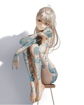 1girl absurdres chair completely_nude convenient_censoring convenient_leg expressionless full-body_tattoo full_body highres long_hair mawaw nude on_chair original photo-referenced sitting solo tattoo white_hair