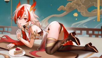 1girl absurdres ass black_panties black_pantyhose cake cake_slice china_dress chinese_clothes dress food fork fu_hua fu_hua_(phoenix) full_body highres holding holding_fork honkai_(series) honkai_impact_3rd long_hair looking_at_viewer mmgletmego nail_polish panties pantyhose plate red_eyes red_nails shoe_soles solo strawberry_cake underwear white_dress white_hair
