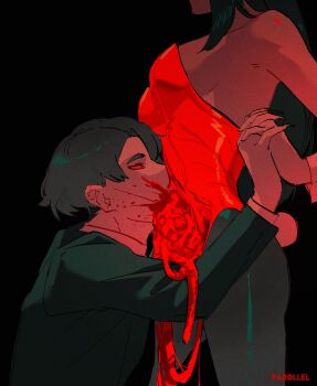 1boy 1other black_background black_hair black_pants black_suit blood blood_spray colored_sclera eating ero_guro exposed_muscle fingernails formal_clothes guro hair_over_one_eye highres holding_hands intestines kneeling leaning_on_person organs original pants par0llel red_robe red_sclera robe sharp_fingernails short_hair standing suit