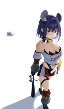 Rule 34 | 2girls, absurdres, animal ears, asymmetrical legwear, black collar, black gloves, black shoes, blue eyes, blue hair, breasts, cleavage, clothes writing, collar, commentary, cosplay, costume switch, crop top, detached sleeves, english commentary, gloves, hair intakes, hakos baelz, hakos baelz (1st costume), highres, hololive, hololive english, kneehighs, large breasts, layered sleeves, long sleeves, miniskirt, mismatched legwear, mouse ears, mouse girl, mouse tail, multicolored skirt, multiple girls, ouro kronii, ouro kronii (1st costume), pyrokuro, red hair, shirt, shoes, short hair, short over long sleeves, short sleeves, simple background, single glove, single kneehigh, single leg warmer, single sock, skirt, socks, solo focus, spiked collar, spikes, strapless, strapless shirt, tail, thigh strap, virtual youtuber, white background, white shirt, yellow socks