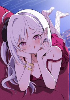 1girl :q absurdres bare_shoulders black_hairband blue_archive blush breasts collarbone commentary_request couch dress earrings fishnet_pantyhose fishnets hairband halo hands_on_own_cheeks hands_on_own_face highres hosinonana jewelry long_hair looking_at_viewer lying mutsuki_(blue_archive) mutsuki_(dress)_(blue_archive) on_stomach pantyhose pearl_earrings pink_eyes pointy_ears red_dress red_halo sleeveless sleeveless_dress small_breasts smile solo strap_slip tongue tongue_out white_hair