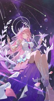 1girl absurdres armlet bare_shoulders breasts closed_mouth commentary cyrene_(honkai:_star_rail) cyrene_(ripples_of_past_reverie)_(honkai:_star_rail) flower hair_flower hair_intakes hair_ornament halo highres honkai:_star_rail honkai_(series) jewelry large_breasts long_hair looking_at_viewer m.q_(mqkyrie) on_swing pink_flower pink_hair pink_petals pink_rose purple_eyes purple_sky rose sky smile solo swing symbol-only_commentary very_long_hair