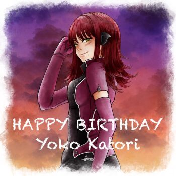 1girl border breasts character_name commentary elbow_gloves english_text fading_border gloves gradient_background green_eyes happy_birthday headphones heattech_leotard highres jacket katori_squad's_uniform katori_youko leotard light_blush medium_breasts orange_background purple_background purple_gloves purple_jacket red_background red_hair shikounorutsubo smile solo turtleneck white_border world_trigger