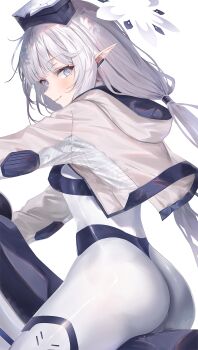 1girl ass blue_archive blush bodysuit commentary_request earclip from_side grey_eyes halo hazuki_yuzuru head-mounted_display highres himari_(armed)_(blue_archive) himari_(blue_archive) hood hood_down jacket long_hair looking_at_viewer looking_to_the_side low-tied_long_hair mole mole_under_eye motor_vehicle motorcycle multicolored_halo official_alternate_costume on_motorcycle pointy_ears simple_background smile solo two-tone_halo white_background white_bodysuit white_hair white_halo