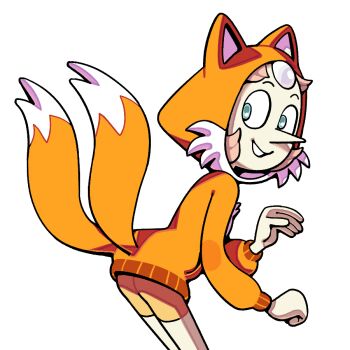 Rule 34 | 1girl, alternate costume, animal costume, animal ears, character hood, cosplay, crossover, discount-supervillain, fake animal ears, fake tail, forehead jewel, fox costume, gem, gem (steven universe), hood, hoodie, orange hoodie, pale skin, pearl (gemstone), pearl (species) (steven universe), pearl (steven universe), pointy nose, smile, solo, sonic (series), steven universe, tail, tails (sonic), tails (sonic) (cosplay)