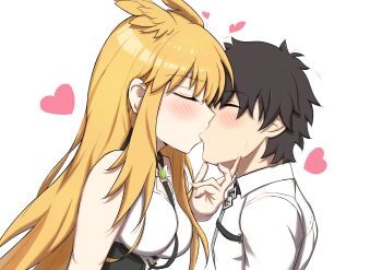 1boy 1girl absurdres black_hair blonde_hair blush breasts caravthir closed_eyes fate/grand_order fate_(series) fujimaru_ritsuka_(male) hand_on_another's_chin head_wings heart hetero highres kiss large_breasts thrud_(fate) valkyrie_(fate) wings