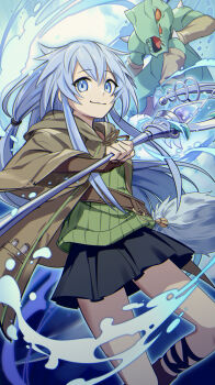 1girl blue_eyes blue_hair duel_monster eria_(yu-gi-oh!) eria_the_water_charmer gigobyte hair_between_eyes holding holding_staff hooded_robe lizardman long_hair long_sleeves looking_at_viewer open_clothes open_robe pleated_skirt ribbed_shirt robe senobi_(senoby) shirt skirt staff yu-gi-oh!
