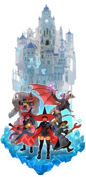 5girls absurdres antennae aqua_skin black_boots black_cape black_eyes black_gloves black_hair black_hat black_sclera black_thighhighs boots braid breasts cape castle colored_sclera colored_skin commentary_request crystal dragon_girl dragon_tail dragon_wings dress drill_hair fireball frog_girl fur-trimmed_sleeves fur_trim furry furry_female gloves golem grin hat head-mounted_display highres holding holding_mace holding_scepter holding_staff holding_tablet_pc holding_wand holding_weapon horizontal_pupils kawabata_ryuuko_(narisokonai) large_breasts long_dress long_hair mace magic microskirt miniskirt multiple_girls narisokonai orange_hair original pointing pointy_ears scepter scorpion_tail short_hair sitting skirt smile staff tablet_pc tail thighhighs twin_drills two-sided_cape two-sided_fabric two-sided_headwear wand weapon white_eyes white_hair wings witch_hat zettai_ryouiki