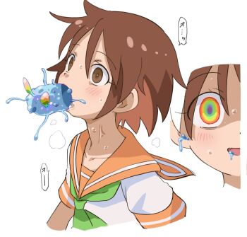 1girl brown_hair character_request copyright_request core creature_inside cropped_torso fang glowing glowing_eyes green_neckerchief hitsugi_mc hypnosis mind_control multicolored_eyes multiple_views neckerchief open_mouth orange_sailor_collar parasite sailor_collar school_uniform short_sleeves simple_background slime_(creature) slime_(substance) solo sweat veiny_neck white_background wide-eyed