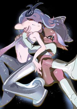 2girls absurdres arm_over_shoulder blush boots cone_hair_bun criss-cross_halter crop_top dark-skinned_female dark_skin double_bun eyeshadow fangs fangs_out frye_(grand_festival)_(splatoon) frye_(splatoon) grey_hair grey_pants hair_bun hair_ornament halterneck hand_on_another's_shoulder heatinsulator highres hug hug_from_behind inkling knee_up legs_up long_pointy_ears makeup multiple_girls navel nintendo octoling official_alternate_costume one_eye_closed pants pointy_ears red_eyes red_eyeshadow reflective_clothes shiver_(grand_festival)_(splatoon) shiver_(splatoon) short_eyebrows short_shorts shorts shrug_(clothing) smile sparkle splatoon_(series) splatoon_3 star-shaped_pupils star_(symbol) stomach_tattoo symbol-shaped_pupils tattoo tentacle_hair white_shrug
