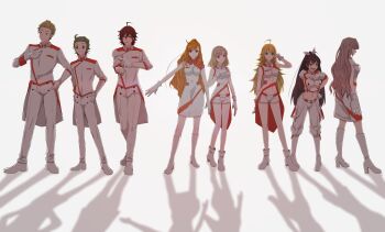 3boys 5girls absurdres ahoge amagase_touma blonde_hair breasts buttons coattails double-breasted dress ganaha_hibiki high_ponytail highres hoshii_miki idolmaster idolmaster_(classic) idolmaster_2 idolmaster_sp ijuuin_hokuto jupiter_(idolmaster) leon_(idolmaster) long_hair looking_at_viewer midriff mitarai_shouta multiple_boys multiple_girls pinnmoku ponytail project_fairy_(idolmaster) quiff shadow shiika_(idolmaster) shijou_takane short_shorts shorts simple_background smile voy@ger_(idolmaster) white_background