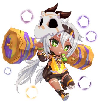 1girl animal_skull barbell bike_shorts body_markings can chibi chibi_only dark-skinned_female dark_skin drink_can earrings exercising facial_mark full_body genshin_impact green_eyes grey_hair hair_between_eyes headband holding holding_can iansan_(genshin_impact) jacket jewelry long_hair long_sleeves looking_at_viewer ninoji open_mouth pendant pointy_ears shoes single_thighhigh skull_on_head solo thighhighs twintails very_long_hair weightlifting white_background