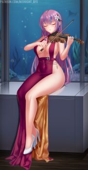 1girl absurdres blue_hair bow_(music) braid breasts cleavage closed_eyes covered_navel dress evening_gown flower gold_dress hair_flower hair_ornament high_heels highres holding holding_bow_(music) holding_instrument holding_violin instrument jewelry large_breasts long_hair midnight_(banyex) multicolored_hair music necklace no_panties original playing_instrument purple_hair red_dress sideboob sitting solo streaked_hair twin_braids two-sided_dress two-sided_fabric two-tone_hair violin watermark web_address