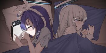 2girls 743_(743rd_bat) black_halo blue_archive blue_halo blush cellphone closed_eyes commentary doodle_sensei_(blue_archive) halo highres holding holding_phone laughing lying mechanical_halo multicolored_halo multiple_girls noa_(blue_archive) noa_(pajamas)_(blue_archive) on_side open_mouth parted_lips phone pillow purple_eyes purple_hair sensei_(blue_archive) short_sleeves smartphone symbol-only_commentary two-tone_halo under_covers variant_set white_hair white_halo yuuka_(blue_archive) yuuka_(pajamas)_(blue_archive)