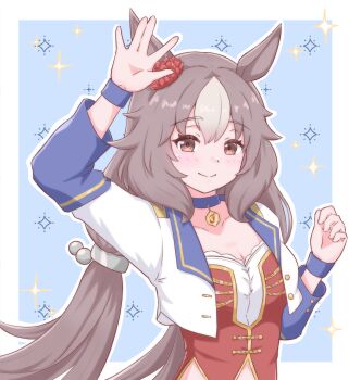 1girl absurdres animal_ears armpits blue_choker blush bodice breasts brown_eyes brown_hair choker cleavage closed_mouth collarbone commentary corset cropped_jacket english_commentary hair_between_eyes hair_ornament highres horse_ears horse_girl jacket long_hair looking_at_viewer low_twintails medium_breasts multicolored_hair official_alternate_costume pendant_choker purple_choker red_corset smile solo starting_future_(umamusume) streaked_hair twintails umamusume upper_body white_hair white_jacket wristband yamanin_zephyr_(umamusume) yozakuraplanet-nanaari