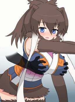 1girl 1other animal_ears animated animated_gif blue_eyes blue_shirt blush breasts brown_hair brown_skirt brown_thighhighs commentary_request disembodied_hand elbow_gloves elephant_ears elephant_girl empty_eyes fur_collar fur_gloves fur_skirt fur_thighhighs gloves grabbing_another&#039;s_breast groping hair_between_eyes kemono_friends large_breasts long_hair long_sidelocks looping_animation mammoth_(kemono_friends) mo23 multicolored_hair multicolored_sash open_mouth orange_sash pink_sash sash shirt short_hair_with_long_locks skirt solo_focus thighhighs very_long_sidelocks white_hair zettai_ryouiki