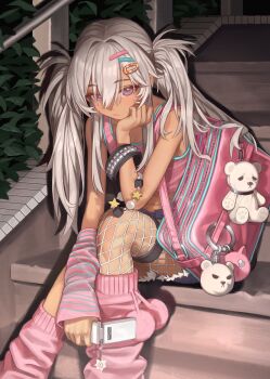 1girl absurdres asymmetrical_legwear bag bare_shoulders cellphone closed_mouth crop_top dark-skinned_female dark_skin expressionless feet_out_of_frame fishnet_pantyhose fishnets flip_phone hair_ornament hairclip hand_on_own_cheek hand_on_own_face head_rest highres holding holding_phone long_hair loose_socks midriff naruto_maki_(naruto05) original outdoors pantyhose phone pink_arm_warmers pink_bag pink_eyes pink_socks pink_tank_top short_shorts shorts shoulder_bag single_leg_pantyhose sitting sitting_on_stairs socks solo stairs tank_top torn_clothes torn_shorts twintails white_hair