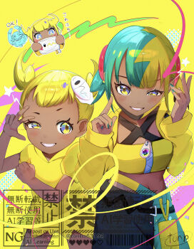 2girls age_comparison aged_down blue_eyes blue_hair blue_nails canari_(pokemon) chibi chibi_inset child commentary_request dark-skinned_female dark_skin dual_persona eyelashes gen_5_pokemon highres looking_at_viewer multicolored_hair multiple_girls nail_polish nintendo one_eye_closed pokemon pokemon_legends:_z-a short_twintails signature smile split-color_hair standing star_(symbol) tonbo_(tonbo63194) twintails tynamo watermark yellow_background