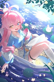 1girl absurdres ahoge blue_archive blue_eyes blush boat breasts fang flower hair_between_eyes hair_ornament hair_stick heterochromia highres hoshino_(blue_archive) jewelry kneehighs long_hair long_sleeves looking_at_viewer mofashao_nanheitu open_mouth pink_hair rabbit sitting skirt small_breasts smile socks solo thigh_strap water watercraft white_skirt white_socks yellow_eyes