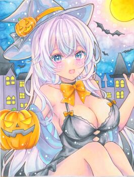 1girl bat_(animal) black_choker black_negligee blush bow bowtie breasts choker cleavage crossed_bangs dot_nose double-parted_bangs full_moon grey_hat hand_up hashtag-only_commentary hat hat_ornament highres honokaw555 jack-o&#039;-lantern large_breasts long_hair looking_at_viewer marker_(medium) moon multicolored_eyes night open_mouth orange_bow orange_bowtie original outdoors solo spaghetti_strap traditional_media very_long_hair white_hair witch_hat