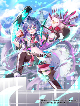 1girl ahoge aura bird_monster black_shorts blue_eyes copyright_notice cropped_shirt cube holding holding_scythe holding_sickle kamiyugi_yachiyo long_hair midriff navel necktie official_art open_mouth outdoors purple_hair red_necktie scythe sho_(runatic_moon) shorts sickle sparkle teeth upper_teeth_only z/x