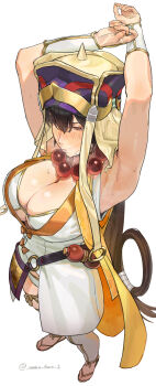1girl absurdres armpit_focus armpits arms_up bead_necklace beads bikini bikini_under_clothes black_hair breasts cleavage commentary earrings fate/grand_order fate_(series) from_above hat highres hoop_earrings jewelry large_breasts long_hair necklace prayer_beads presenting_armpit solo sweat swimsuit tonko_from very_long_hair white_background white_bikini xuangzang_sanzang_(fate)