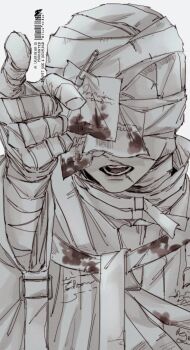 Rule 34 | 1boy, aleph (reverse:1999), bandaged hand, bandaged head, bandages, covered eyes, facing viewer, grey background, gyujik qzc, hand up, highres, male focus, open mouth, pointing, pointing at viewer, portrait, reverse:1999, scar, scar on face, scar on mouth, shirt, solo, teeth, the idealist (reverse:1999), white shirt