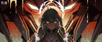 Rule 34 | 1girl, absurdres, aemeath (wuthering waves), ahoge, bare shoulders, chinese commentary, commentary request, crying, crying with eyes open, exostrider (wuthering waves), glitch, gloves, highres, logo, long hair, looking at viewer, official art, orange eyes, parted lips, star-shaped pupils, star (symbol), symbol-shaped pupils, tacet mark (wuthering waves), tears, white gloves, wuthering waves