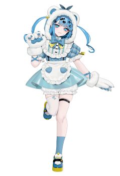 1girl absurdres animal_ears animal_hair_ornament animal_hands asymmetrical_legwear bear_ears bear_girl bebe_(bebe_pp) black_bow blue_bow blue_bowtie blue_eyes blue_hair blue_shoes blue_socks bow bowtie commentary_request highres indie_virtual_youtuber second-party_source shoes socks solo tearing_up thigh_strap thighhighs virtual_youtuber white_thighhighs yellow_bow yushiro_pirika