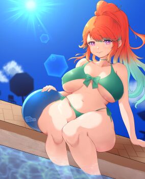 absurdres angel_engine_x ball beachball bikini breasts highres hololive hololive_english large_breasts orange_hair purple_eyes swimsuit takanashi_kiara virtual_youtuber